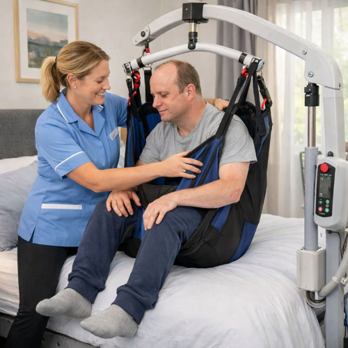 nurse helping amn into bed with bed-transfer-machine