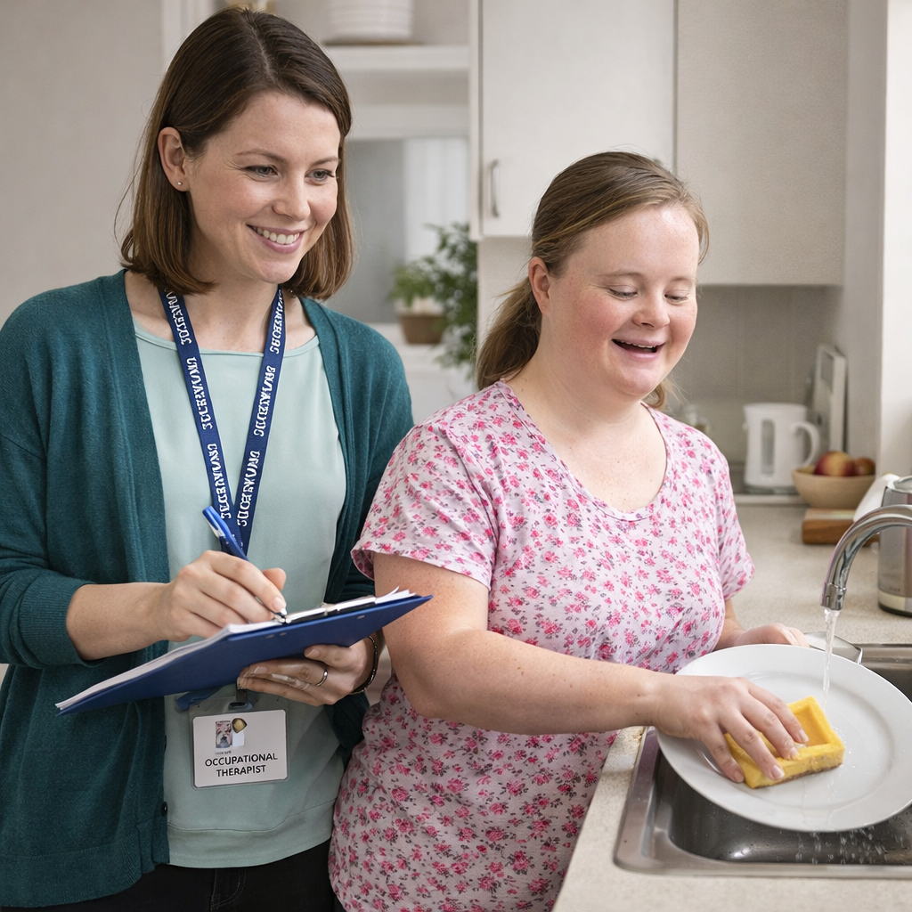 therapist conducting a functional capacity assessment with special needs lady in her home