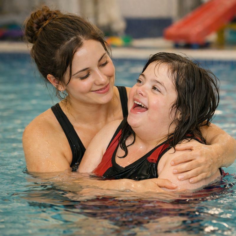 young woman in pool holding hands with lady conducting a hydrotherapy session