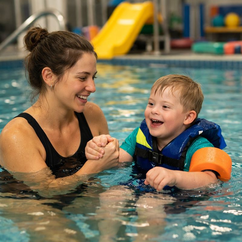 young woman in pool holding hands with young boy conducting a hydrotherapy session