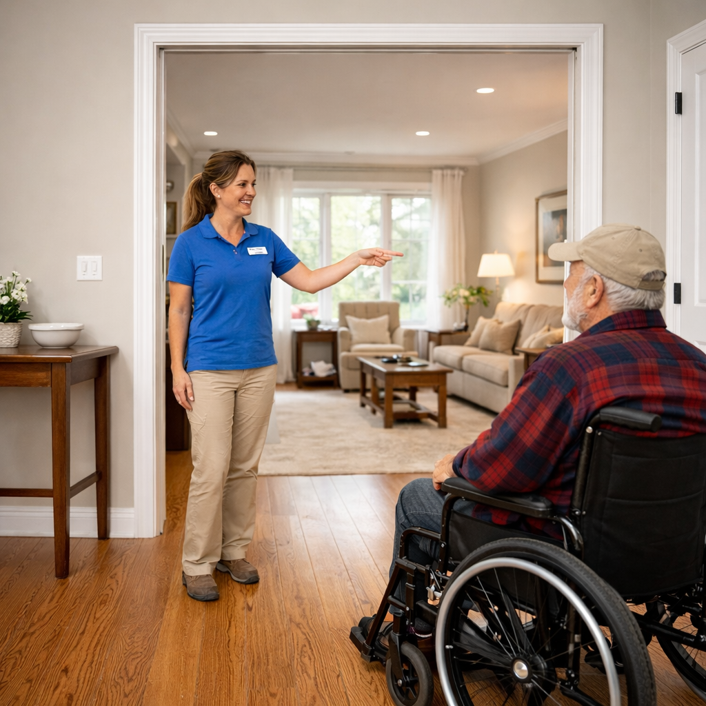 A female occupational therapist instructing a man in wheelchair about wide doorway