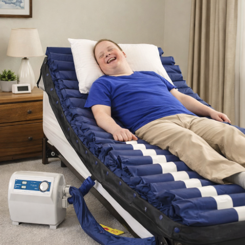 man laying on blue pressure care mattress