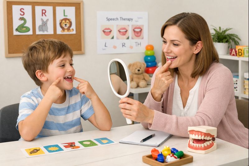 speech therapist with young boy client