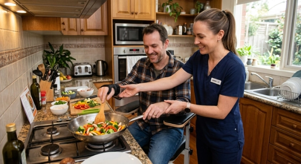 Occupational Therapist helping a man with special needs cook in his kitchen